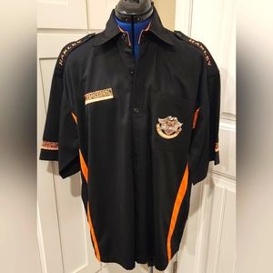 Vintage Harley Davidson button up men's shirt, black and orange, XXL